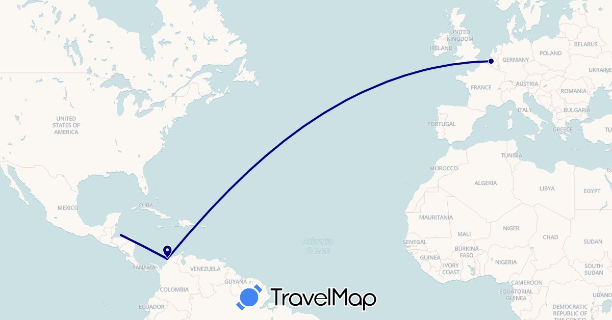 TravelMap itinerary: driving in Belgium, Colombia, Honduras (Europe, North America, South America)